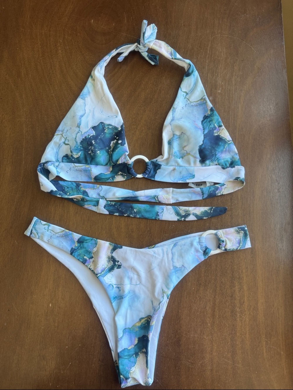 SHEIN White & Teal Marble Halter Bikini Set